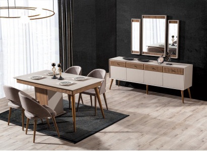  Design 9tlg.Esszimmer Set Esstisch und 4x Stühle Anrichte mit 3x Spiegel
